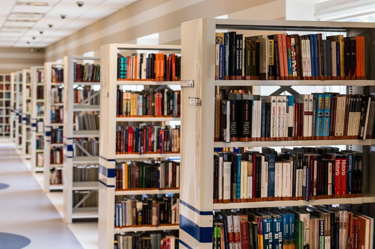 rows of bookshelves in a library