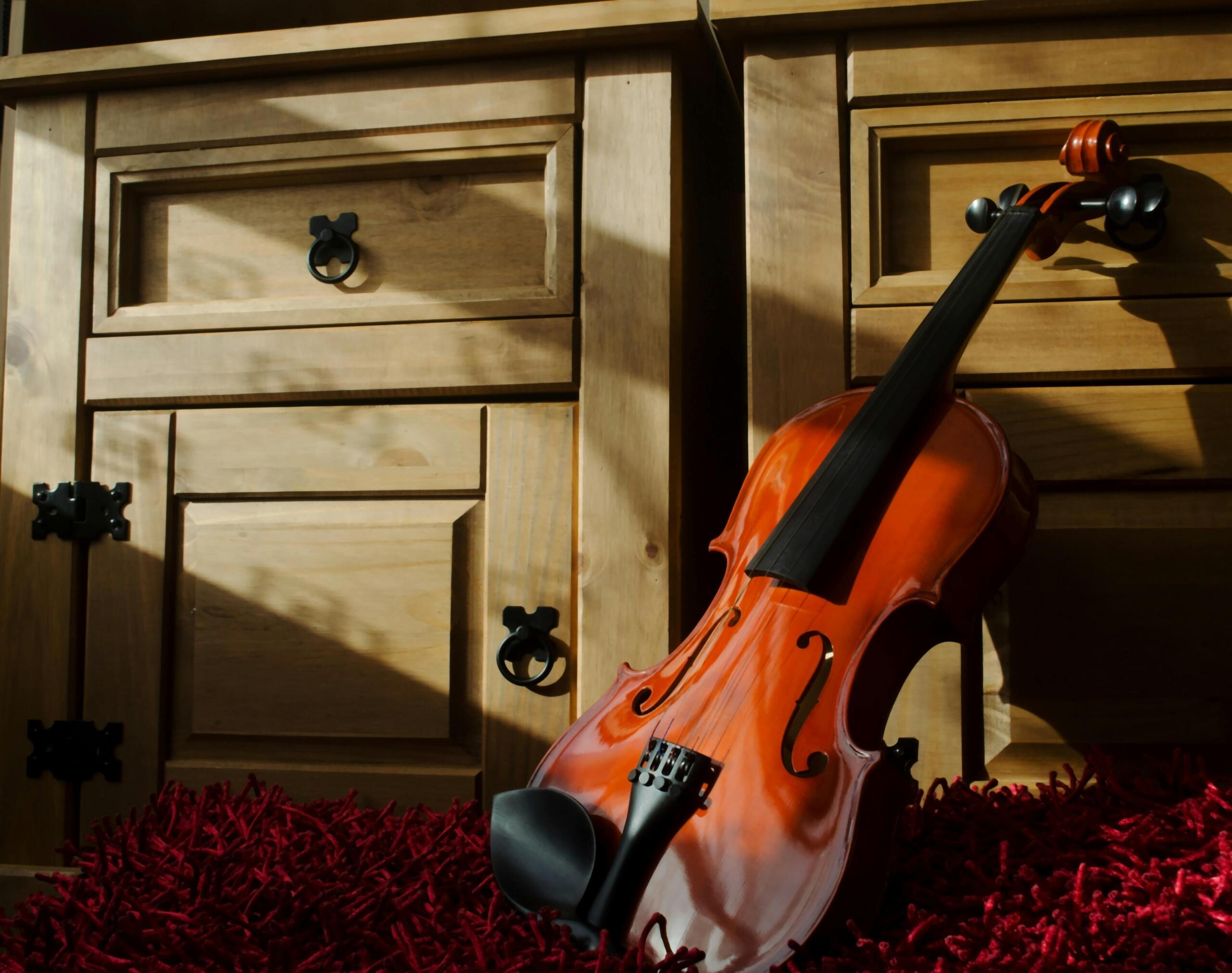 A violin leaning on a cabinet