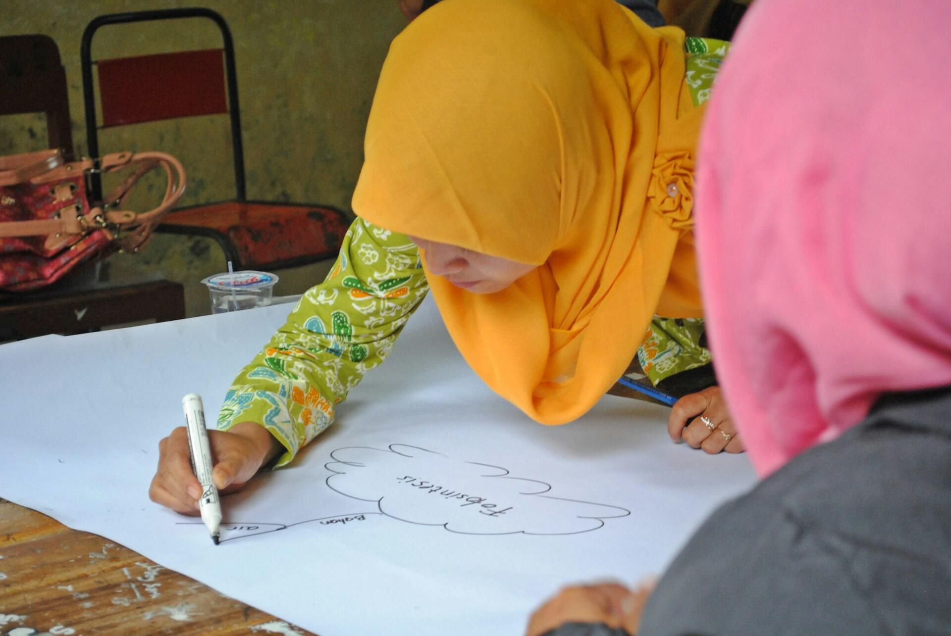 Person in hijab drawing a mind map on paper