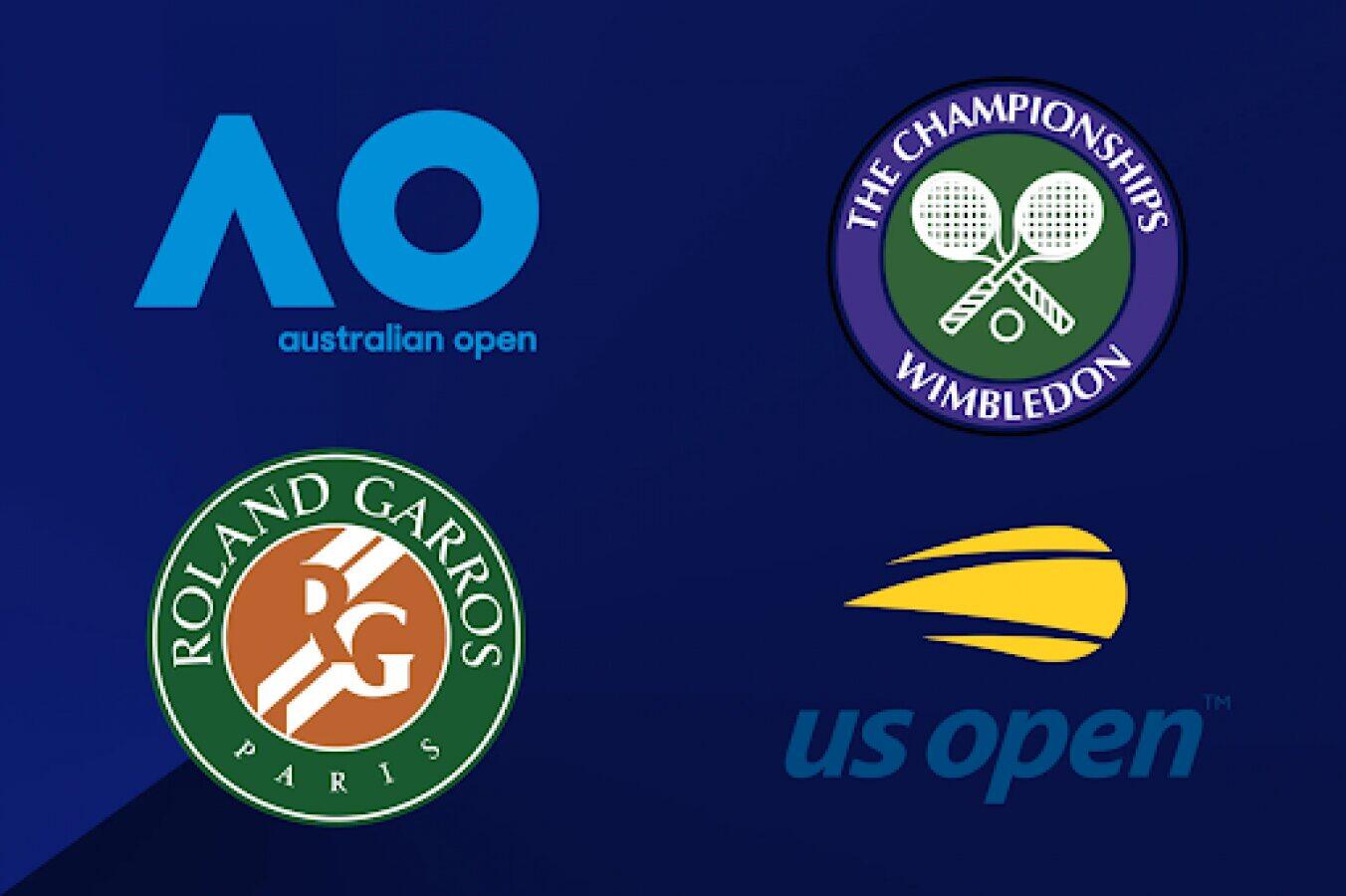 Logos of four major tennis tournaments: Australian Open, Wimbledon, Roland Garros (French Open), and US Open on a dark blue background.