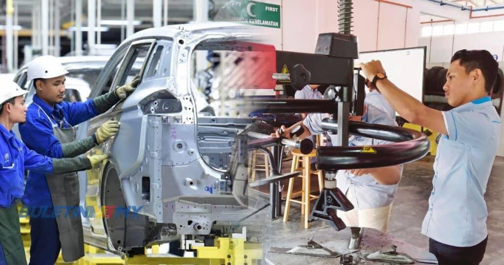 TVET students assembling car parts, wearing hard hats and gloves. On one side, two men install a car door; on the other, a man operates machinery.