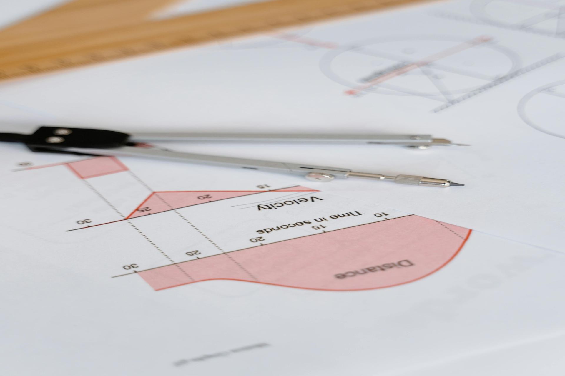 Compass and ruler placed on a diagram representing measurement, calculations, and precision in SPM Physics problem solving.