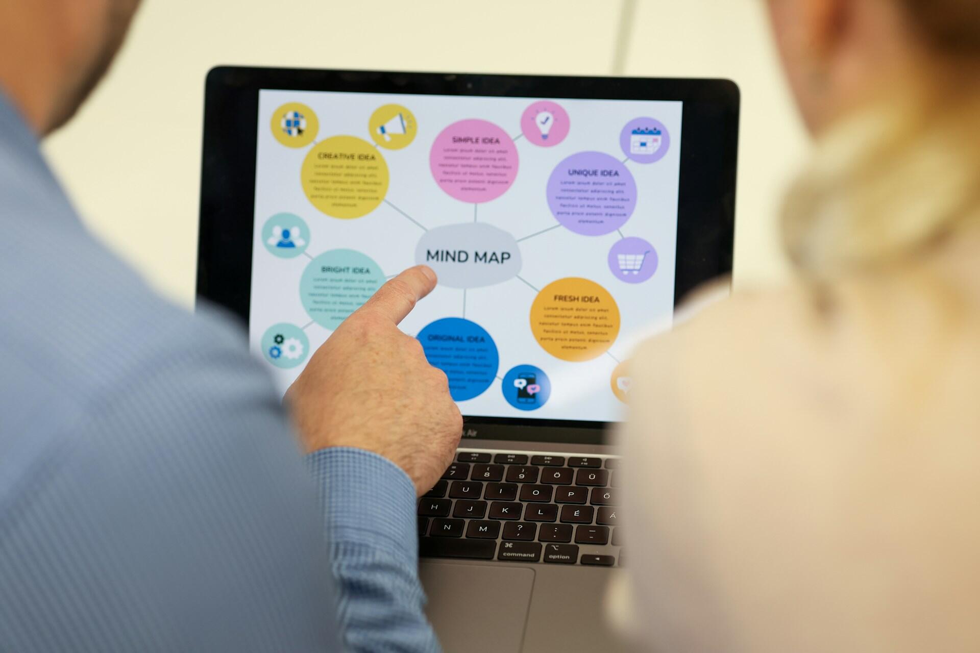 2 people looking at a mind map on a laptop screen