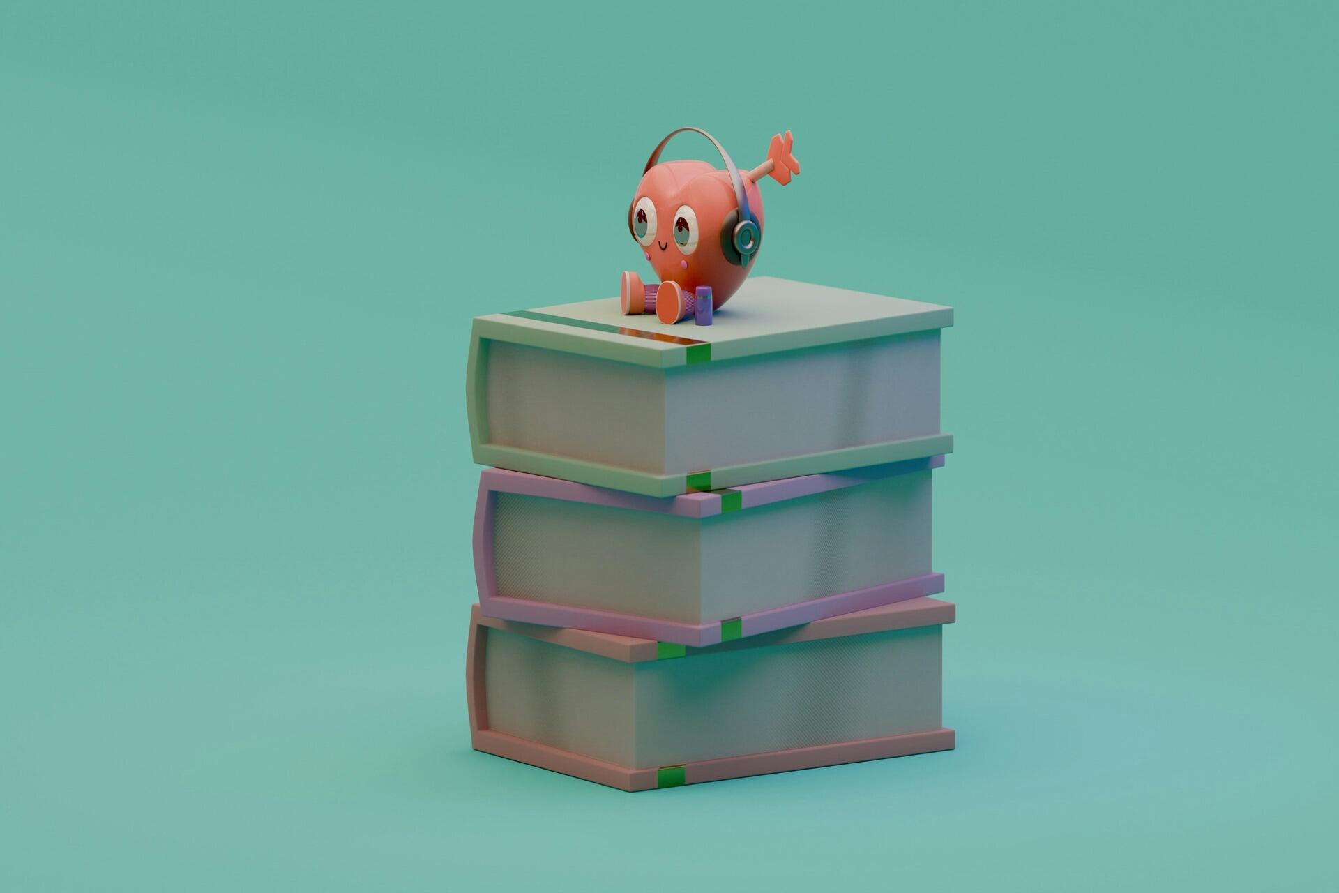 A 3D heart-shaped cartoon character wearing headphones sitting on top of a stack of books with a teal background.