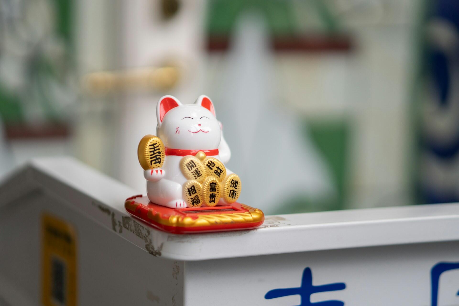 A small, white Maneki-neko figurine with a raised paw sits on a ledge. It holds five golden coins with Japanese characters, conveying luck and prosperity.