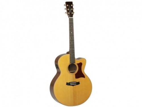 An acoustic guitar on a white background