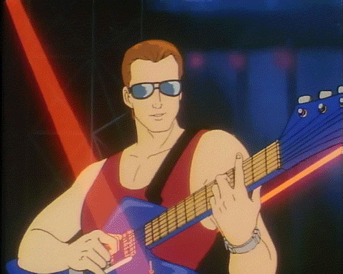 A cartoon guitarist playing chords.