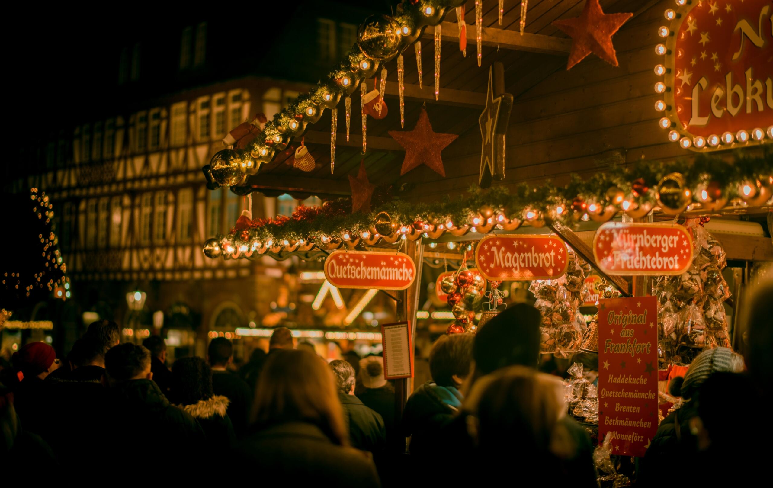 A Christmas market in Frankfurt, Germany.