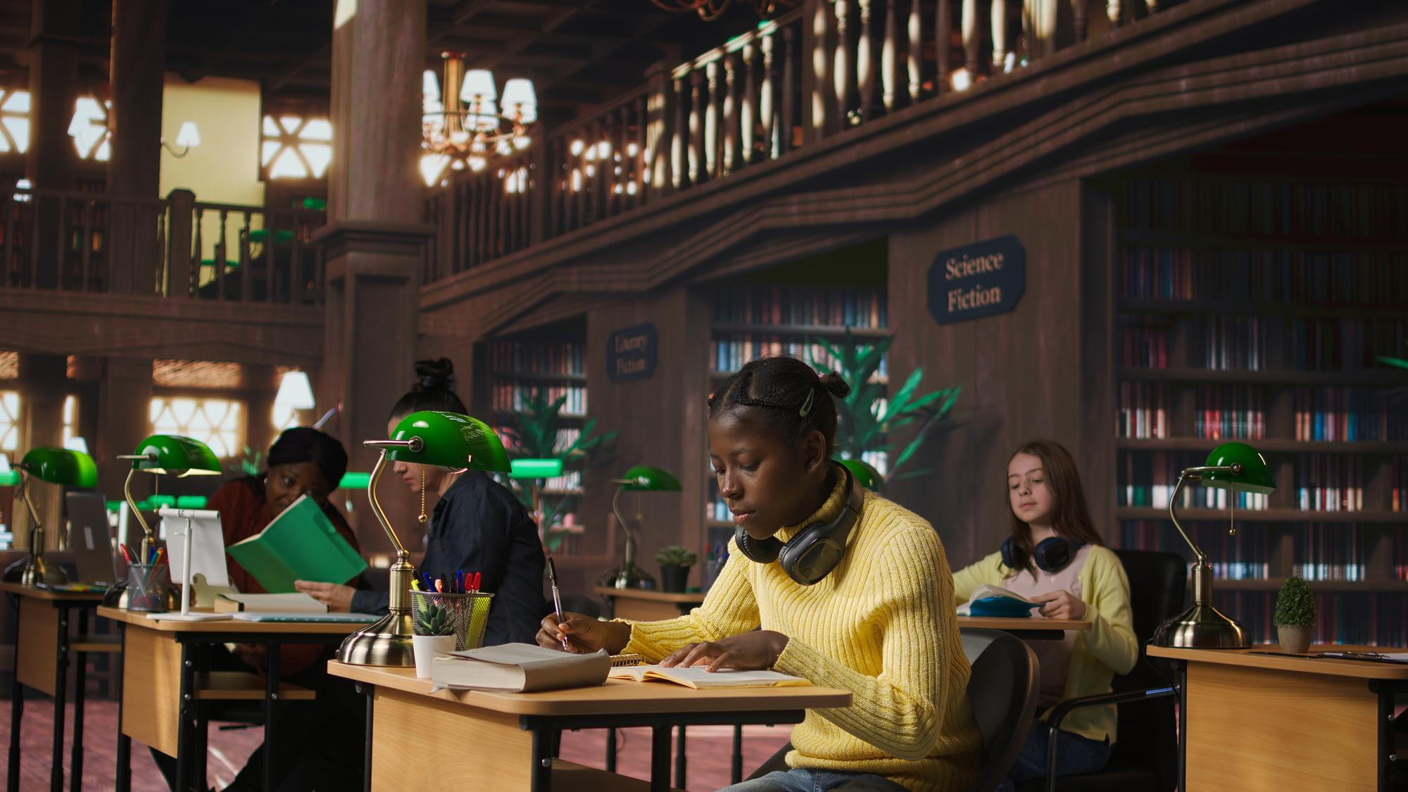 Students studying at desks with green lamps in a spacious library with wooden bookshelves and signs for Science Fiction and Literary Fiction sections.