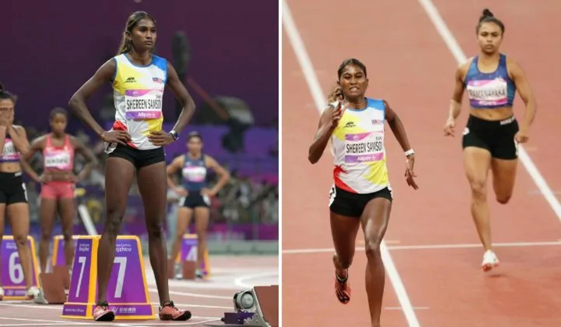 Split image of track athletes: left shows a female sprinter posing before race; right shows her sprinting ahead on the track.