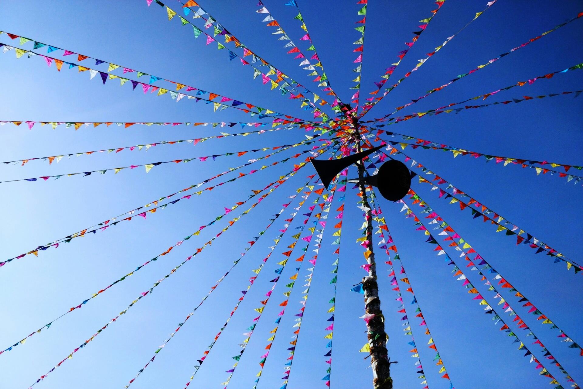 Colourful festival flags hanging from a tall pole against a bright blue sky during a traditional Tamil celebration.