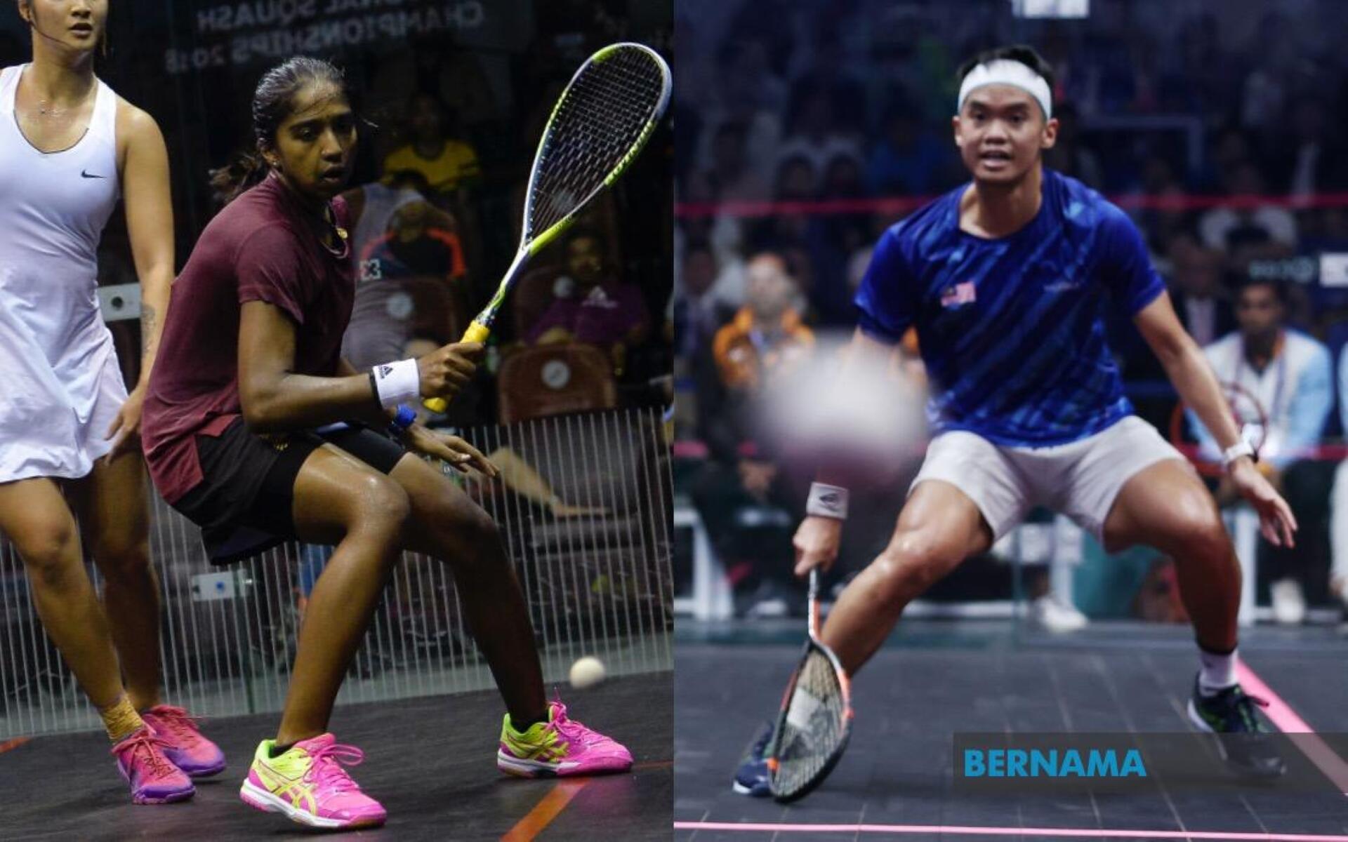 Two women and one man in action on a squash court, displaying various poses during their game.