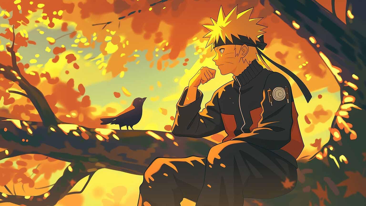 A Naruto Uzumaki inspired wallpaper, displaying Naruto resting against a tree in autumn.