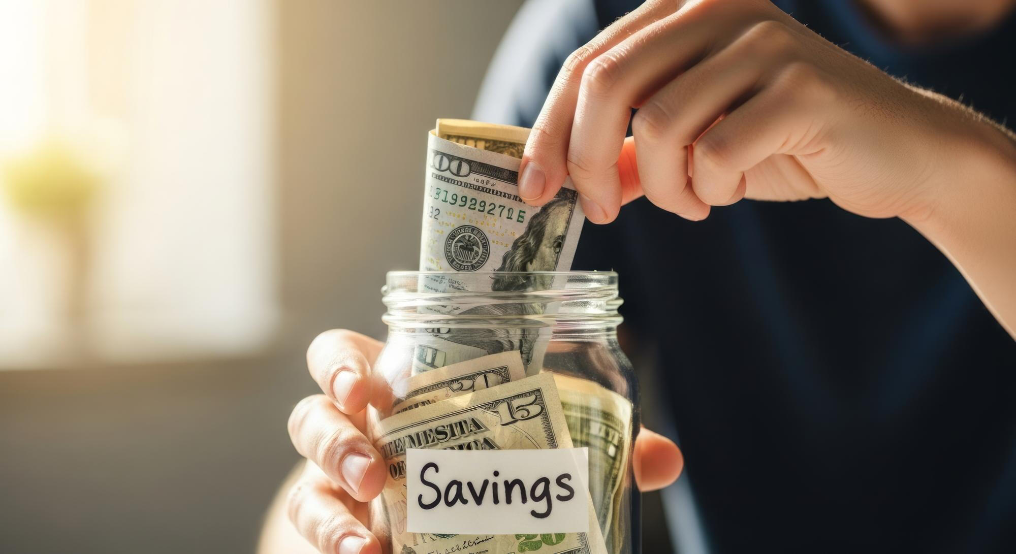 Hands placing rolled and folded US dollar bills into a glass jar labeled