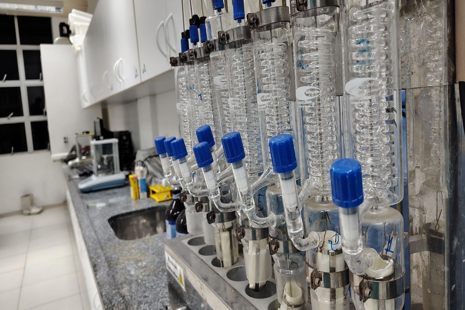 Laboratory distillation and separation apparatus used in Chemistry practical experiments.