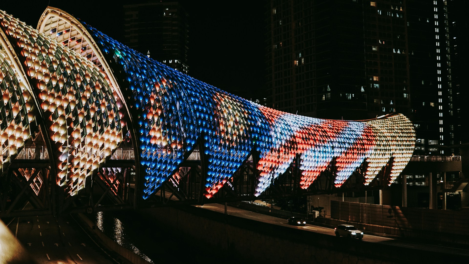 Saloma Link lit up in the Malaysian flag colours.
