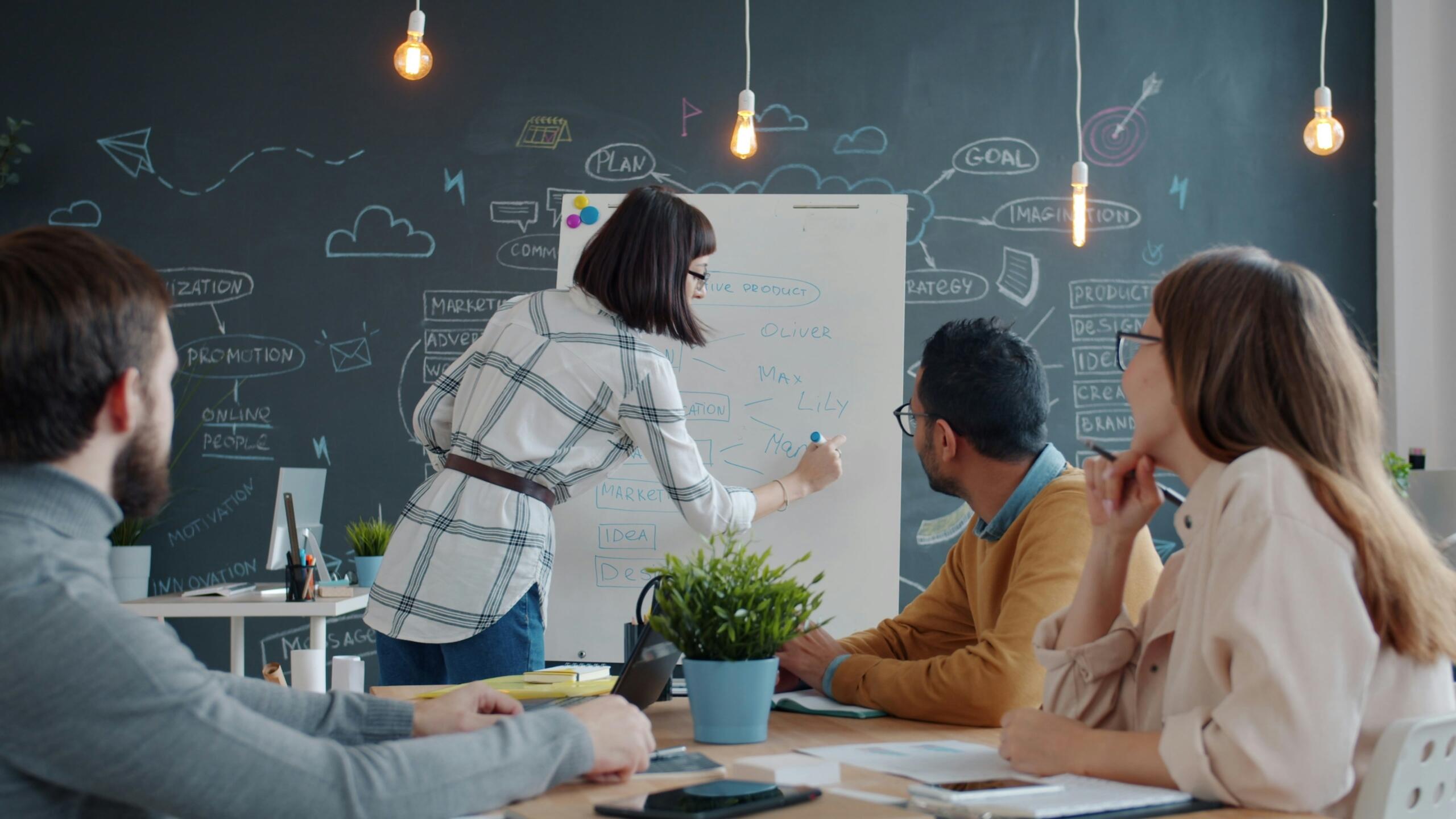 Several individuals collaborating in a meeting room, with a whiteboard displaying notes and ideas in the background.