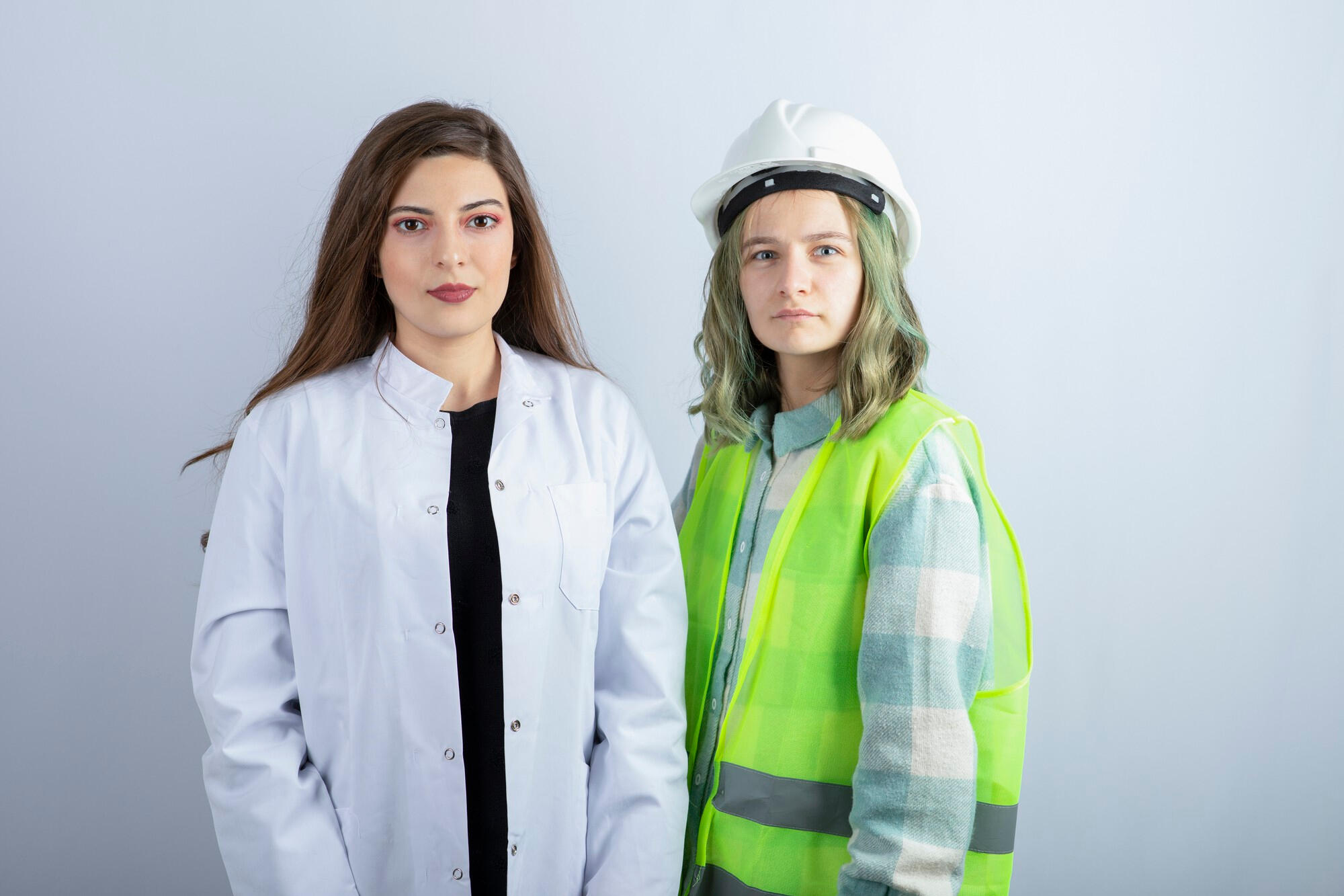 Two women wearing hard hats and safety vests, engaged in a construction site discussion.