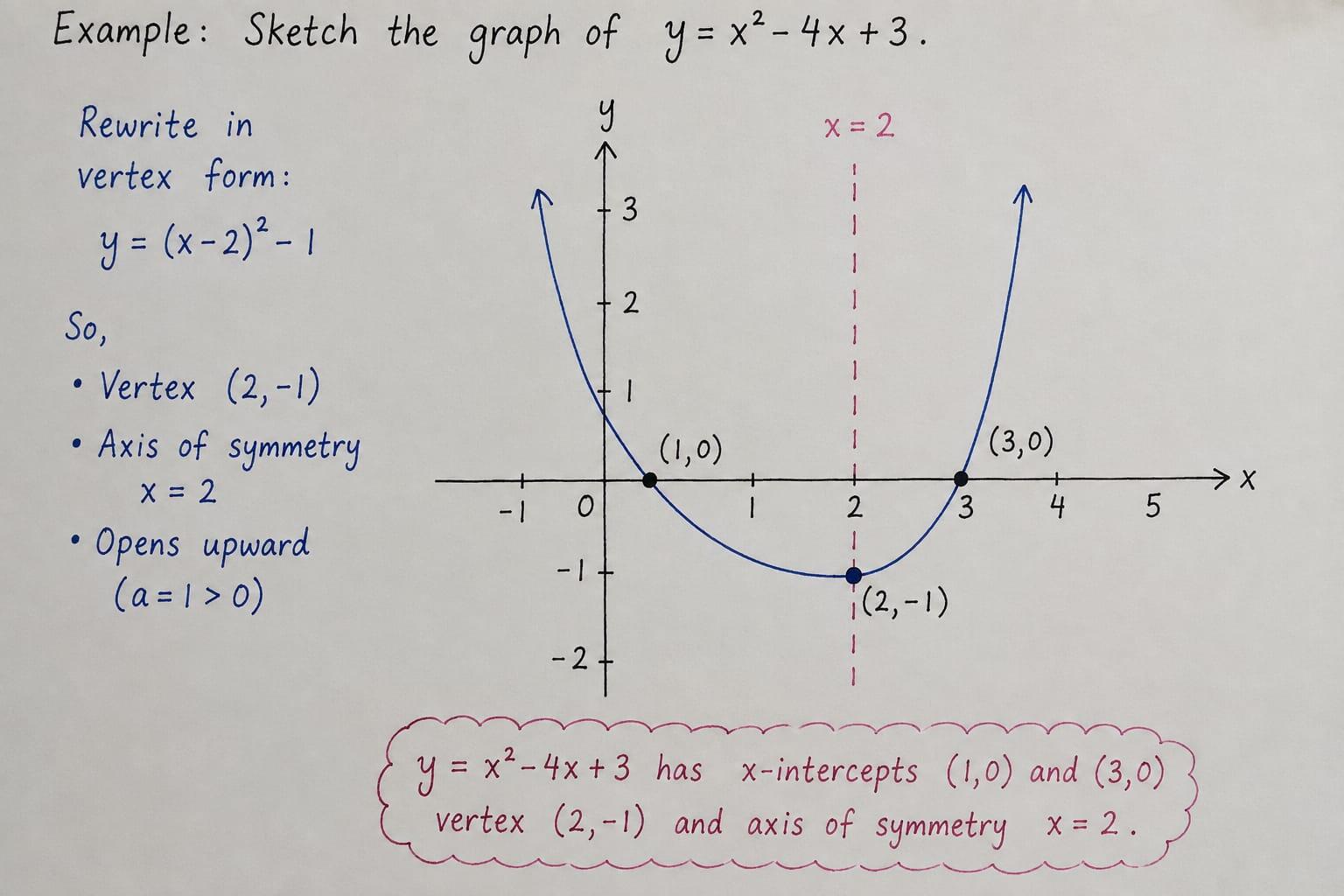 A worked quadratic example showing how to identify the vertex, x-intercepts and axis of symmetry — useful for building confidence with graph-based STPM Mathematics questions.