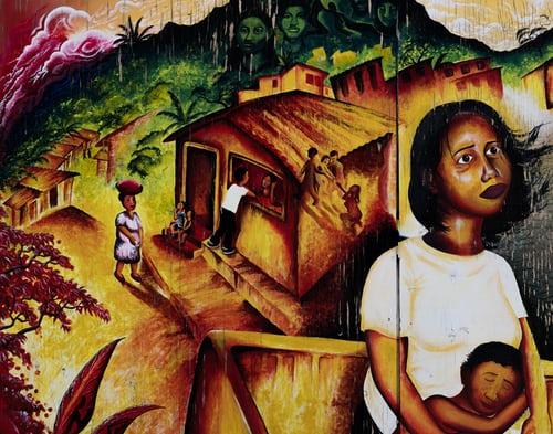 A painting depicting a Nigerian family setting