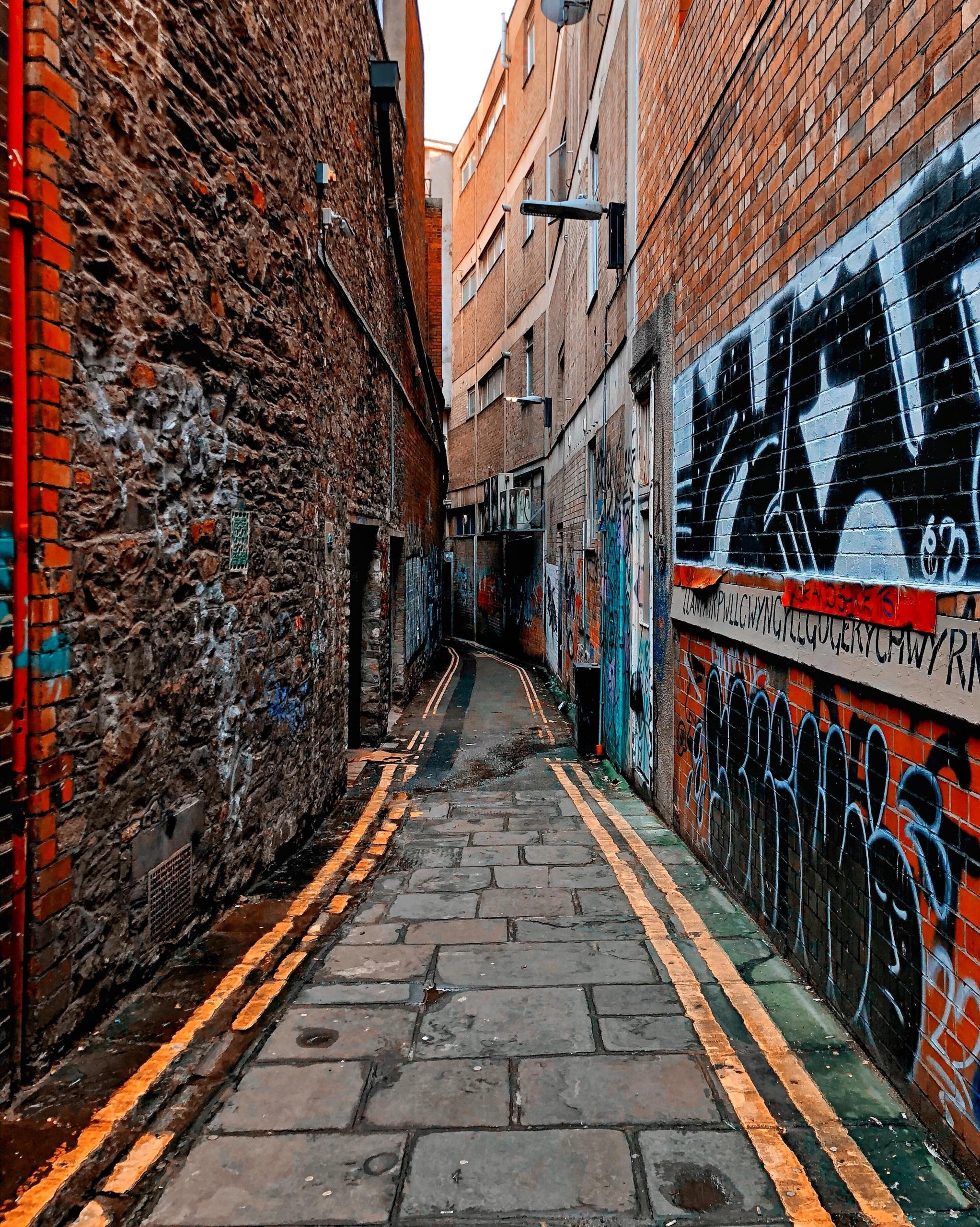 A street with wall paintings.