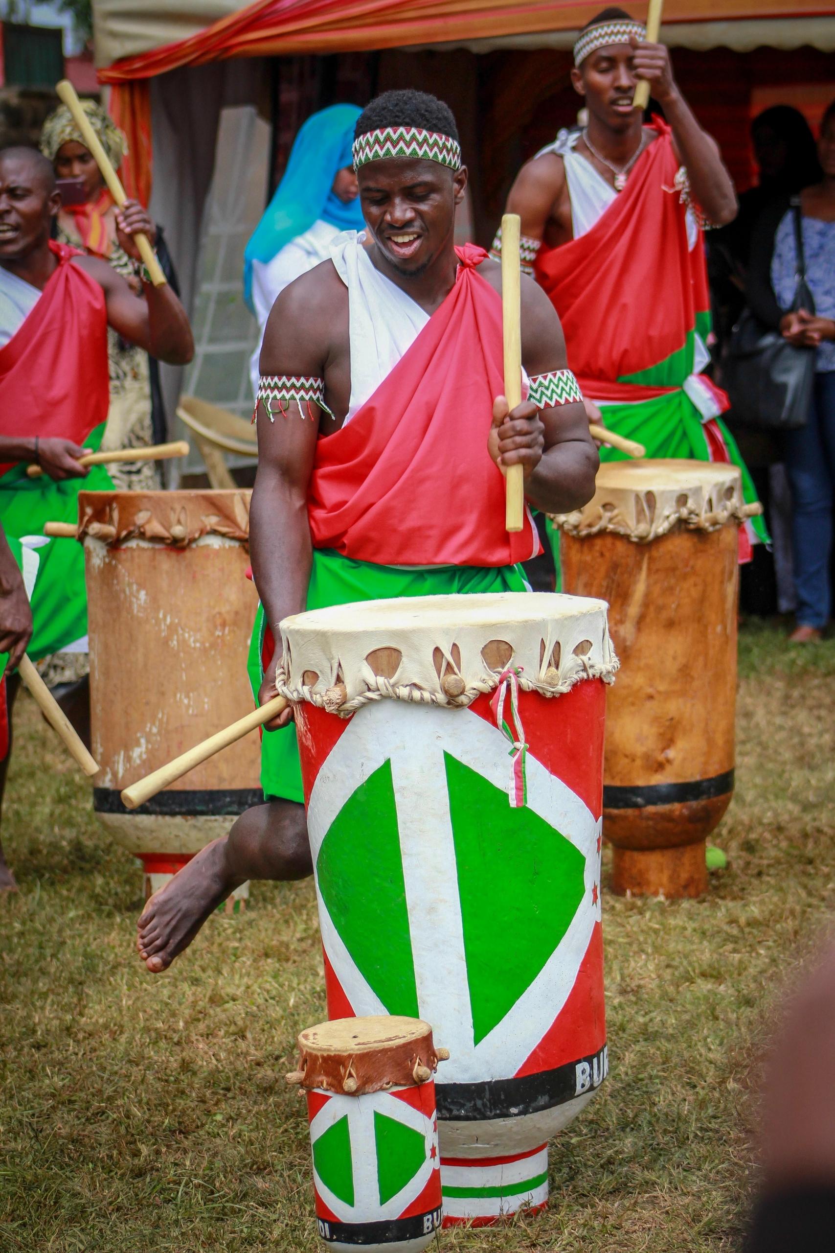 A dancing African drummer