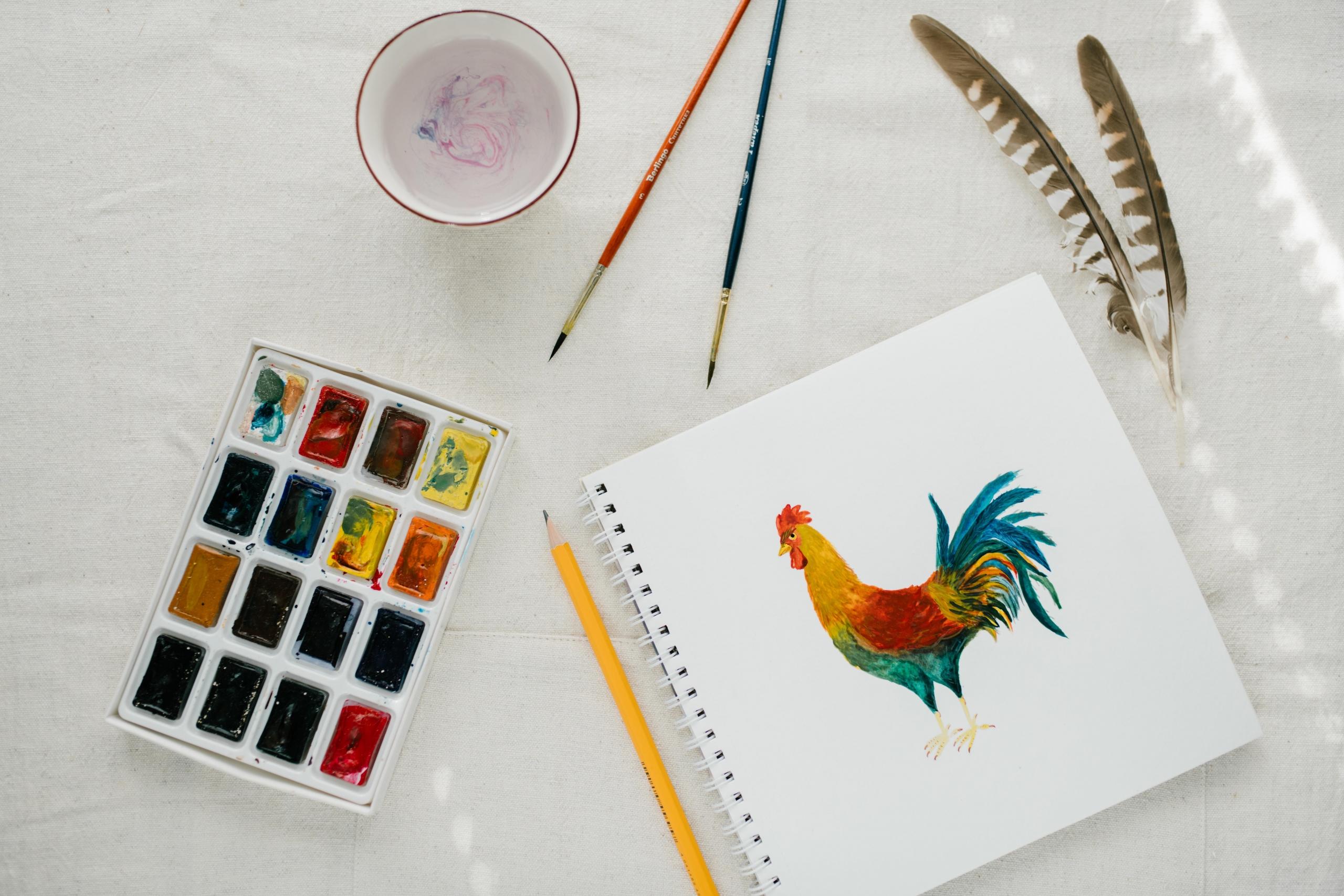 Painting of a hen on a paper
