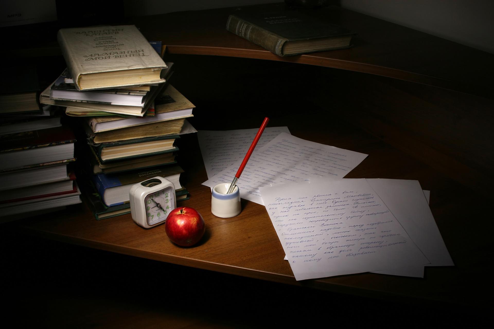 A study table with sheets of paper