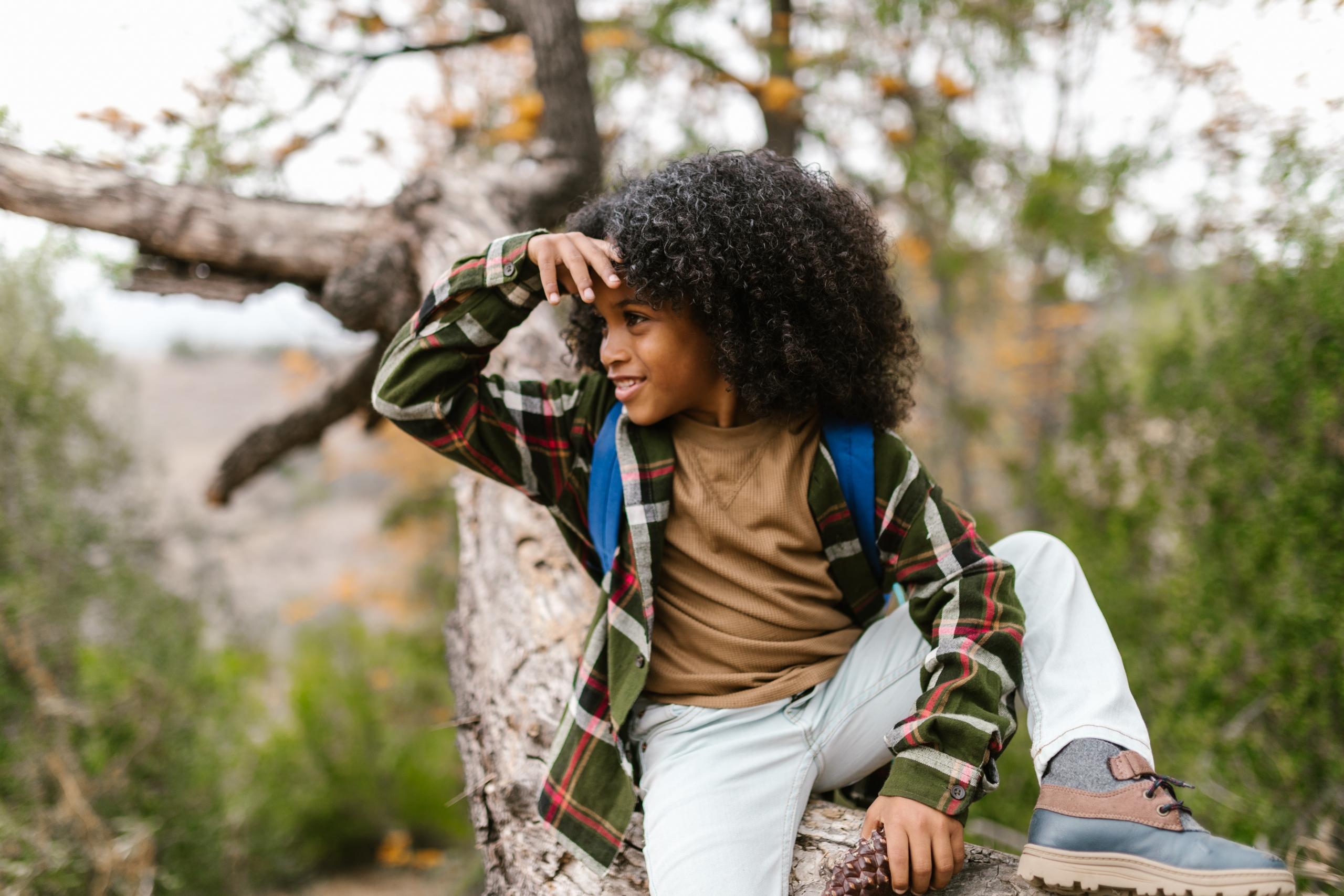 A black kid sitting on a tree branch