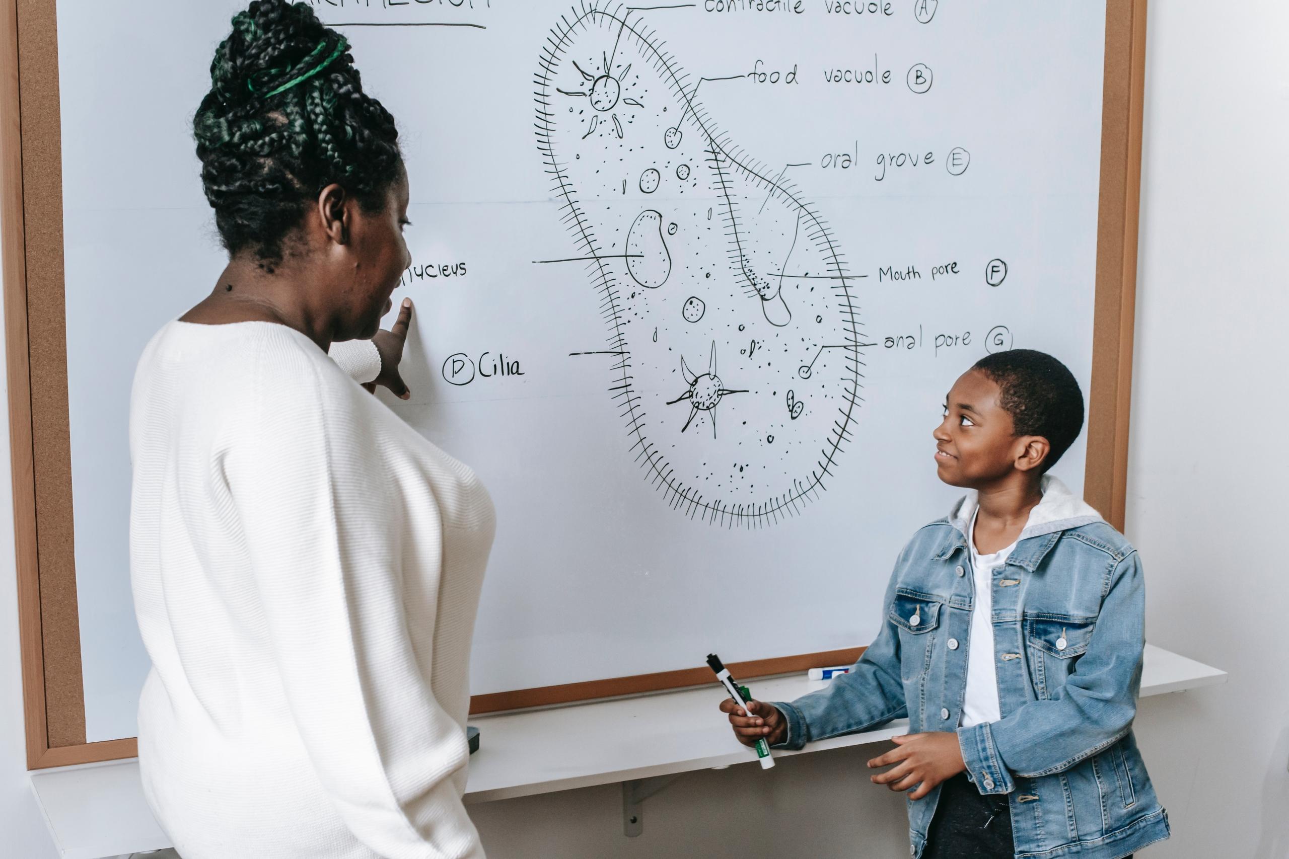 Black woman teaching a kid
