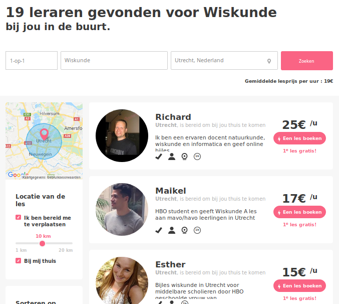 De Superprof pagina van wiskunde leraren rondom Utrecht