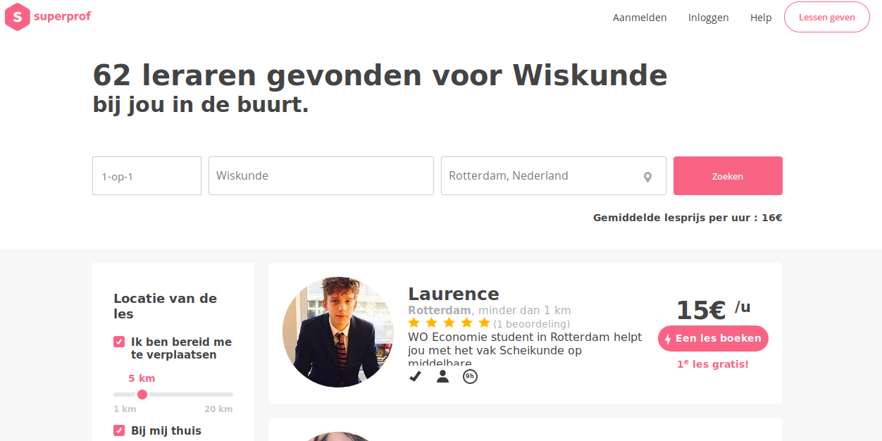 Dit is een screencopy van een Superprof pagina waarin gezocht wordt naar wiskunde bijlesleraren in Rotterdam