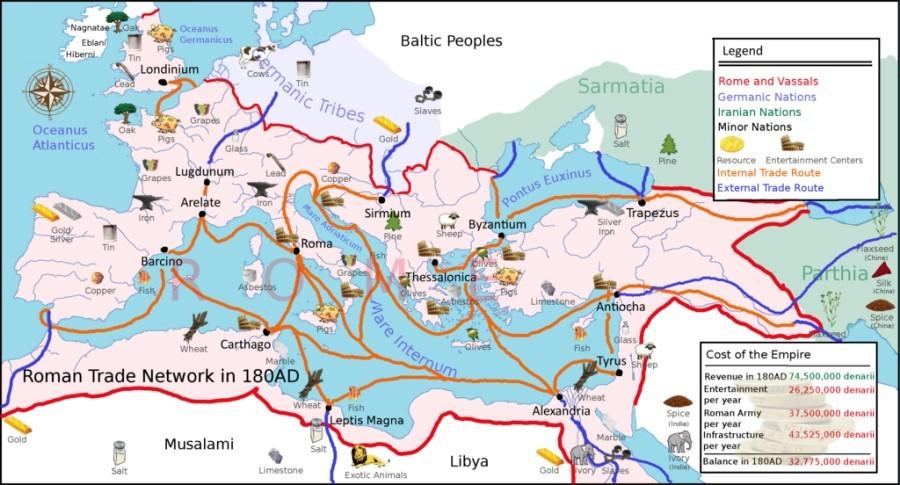 oude kaart van romeinse handelsroutes
