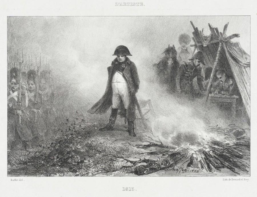 zwart-wit tekening van Napoleon Bonaparte bij zijn leger door August Raffet.