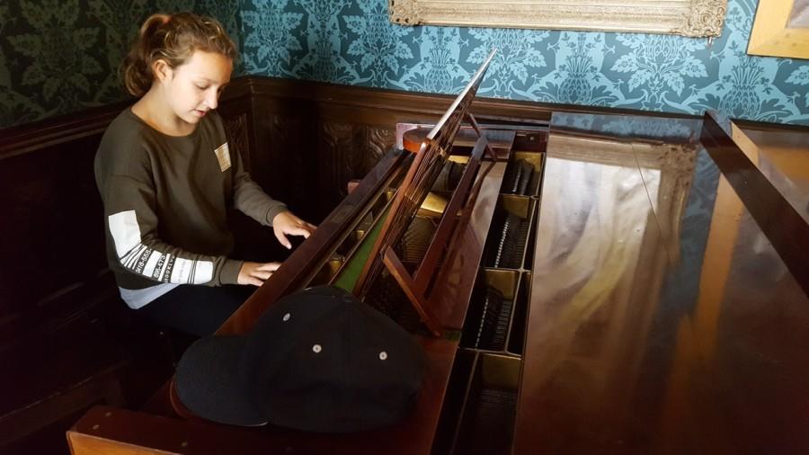 jonge vrouw speelt op vleugel