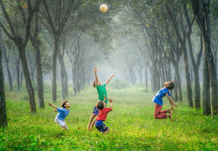 kinderen spelen in bos met voetbal