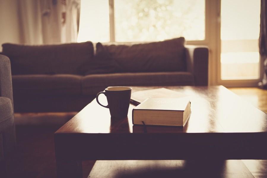 woonkamer met koffie en boek op tafel