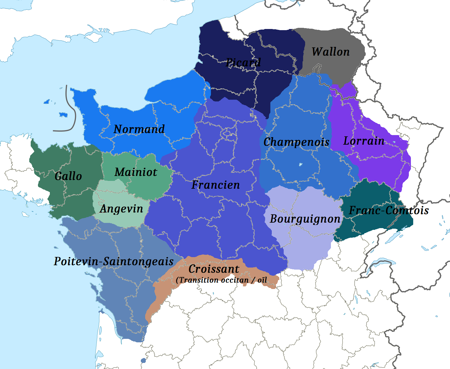 Gebieden waar de de Langue d'Oïl werd gesproken
