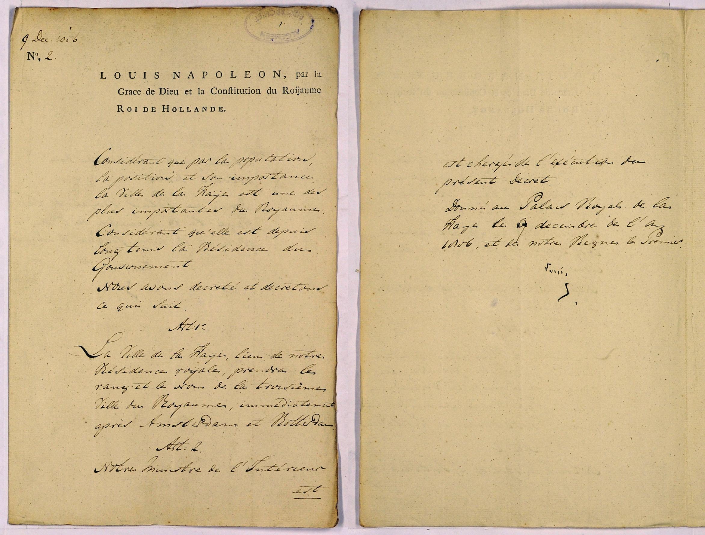 Bilderdijk werkte als hofdichter voor Lodewijk Napoleon zoals blijkt uit dit document