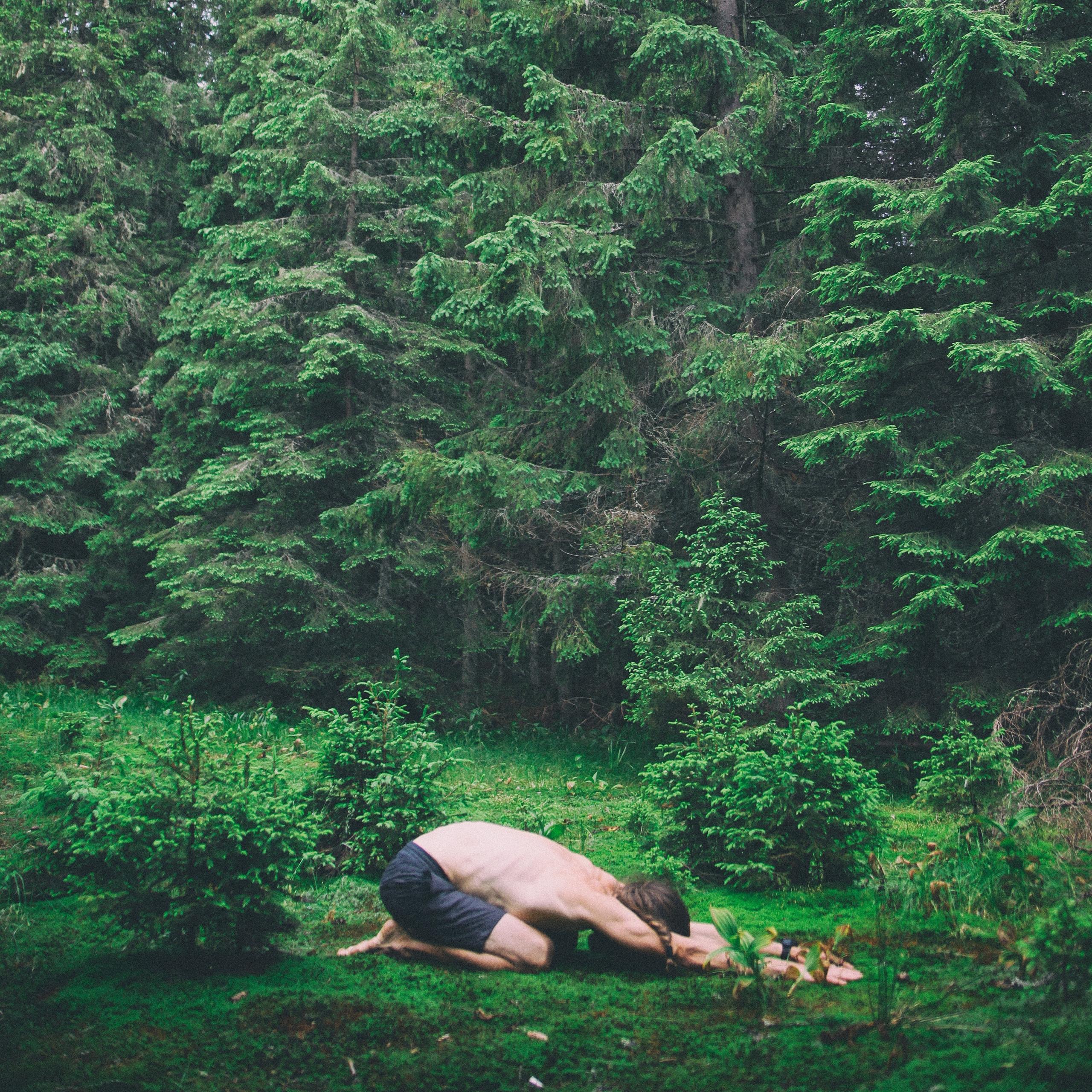 Een man in het bos doet een yogapose genaamd de kindhouding