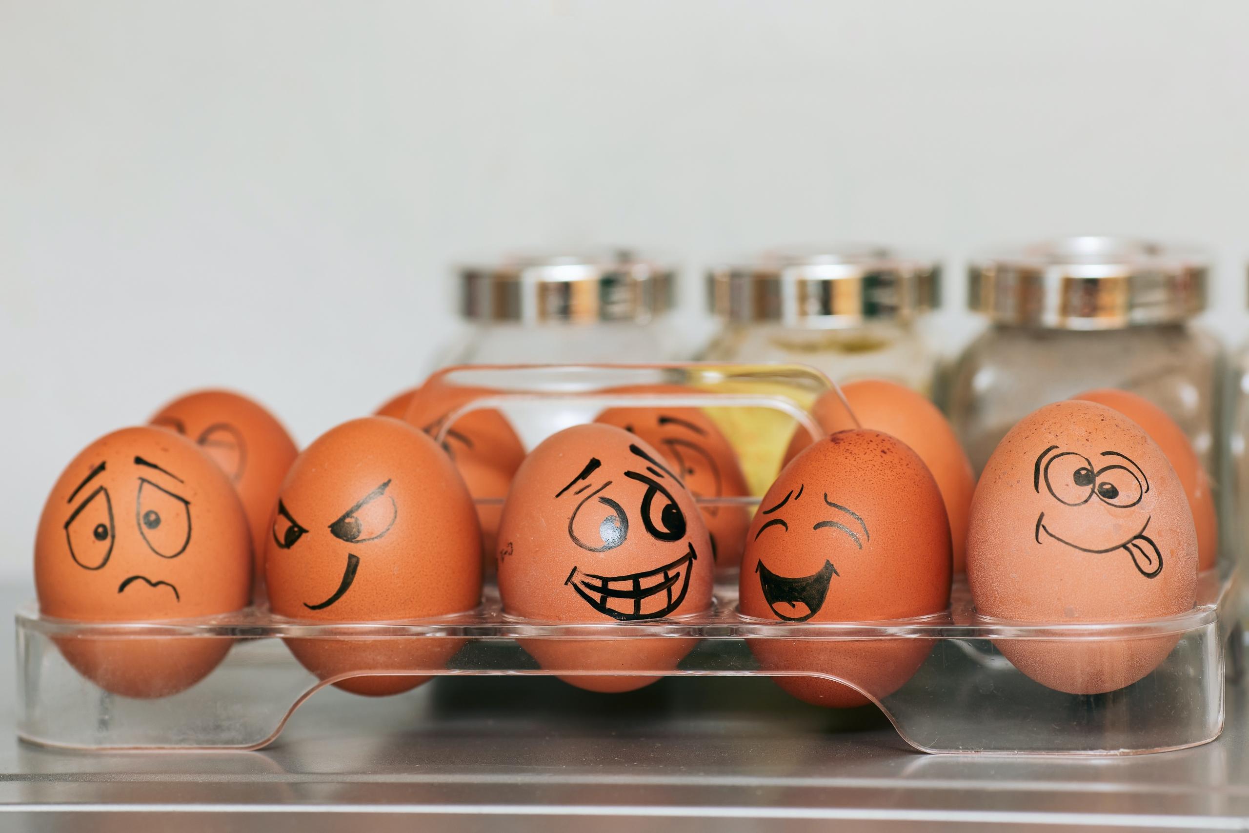 Tien eieren in de koelkast beelden verschillende emoties uit