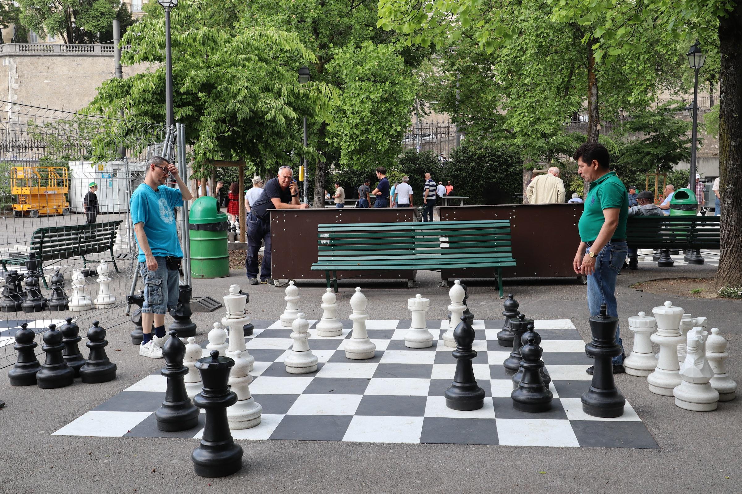 Twee mannen die buiten een partij schaak spelen