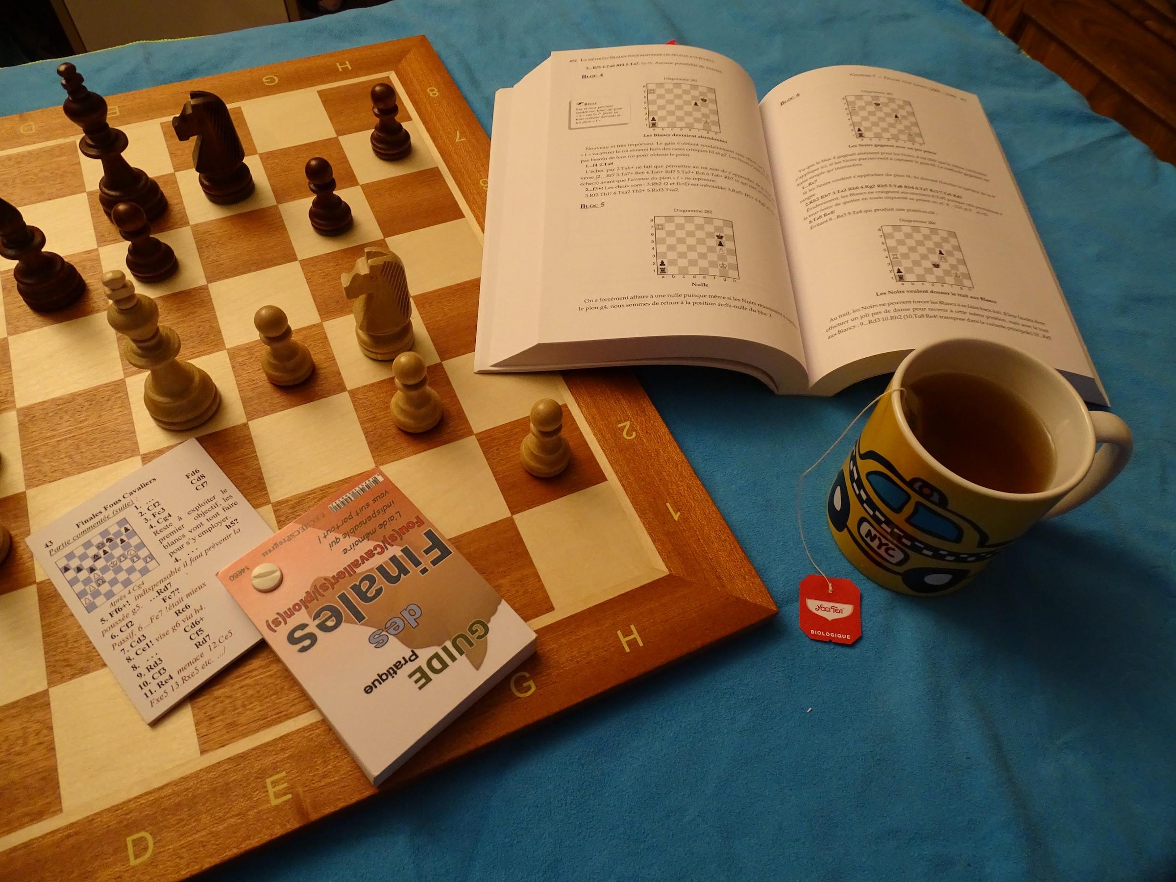 Schaakspel met schaakboek en beker thee