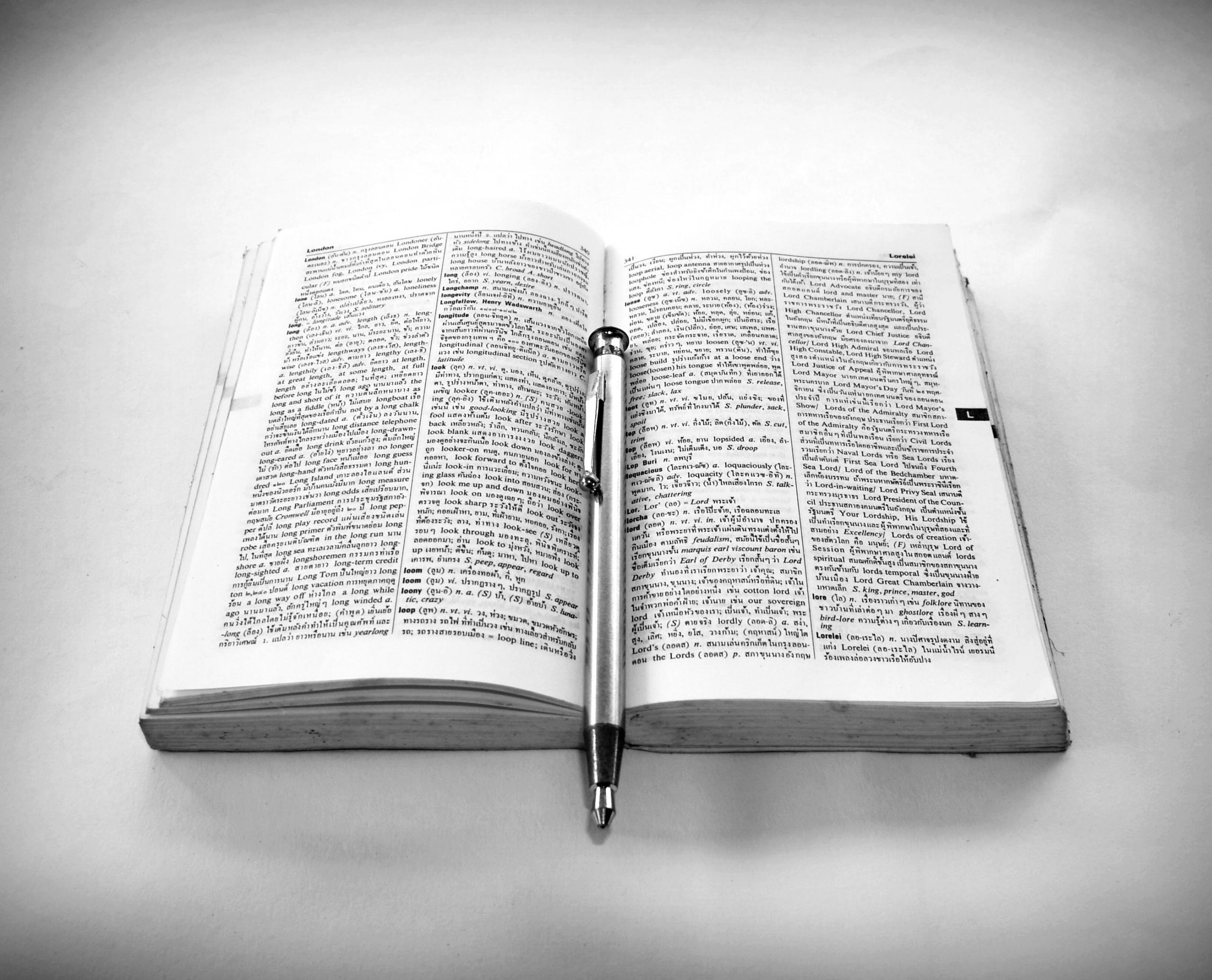 Woordenboek opengeslagen met een pen in het midden
