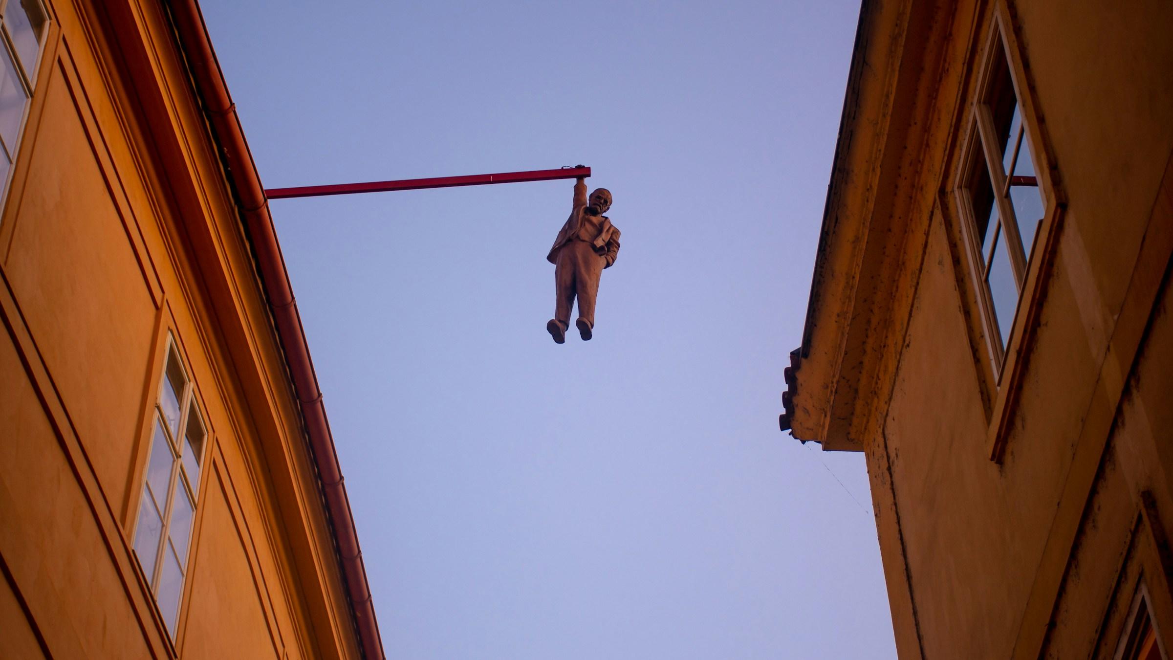 Mannetje hangend aan stok