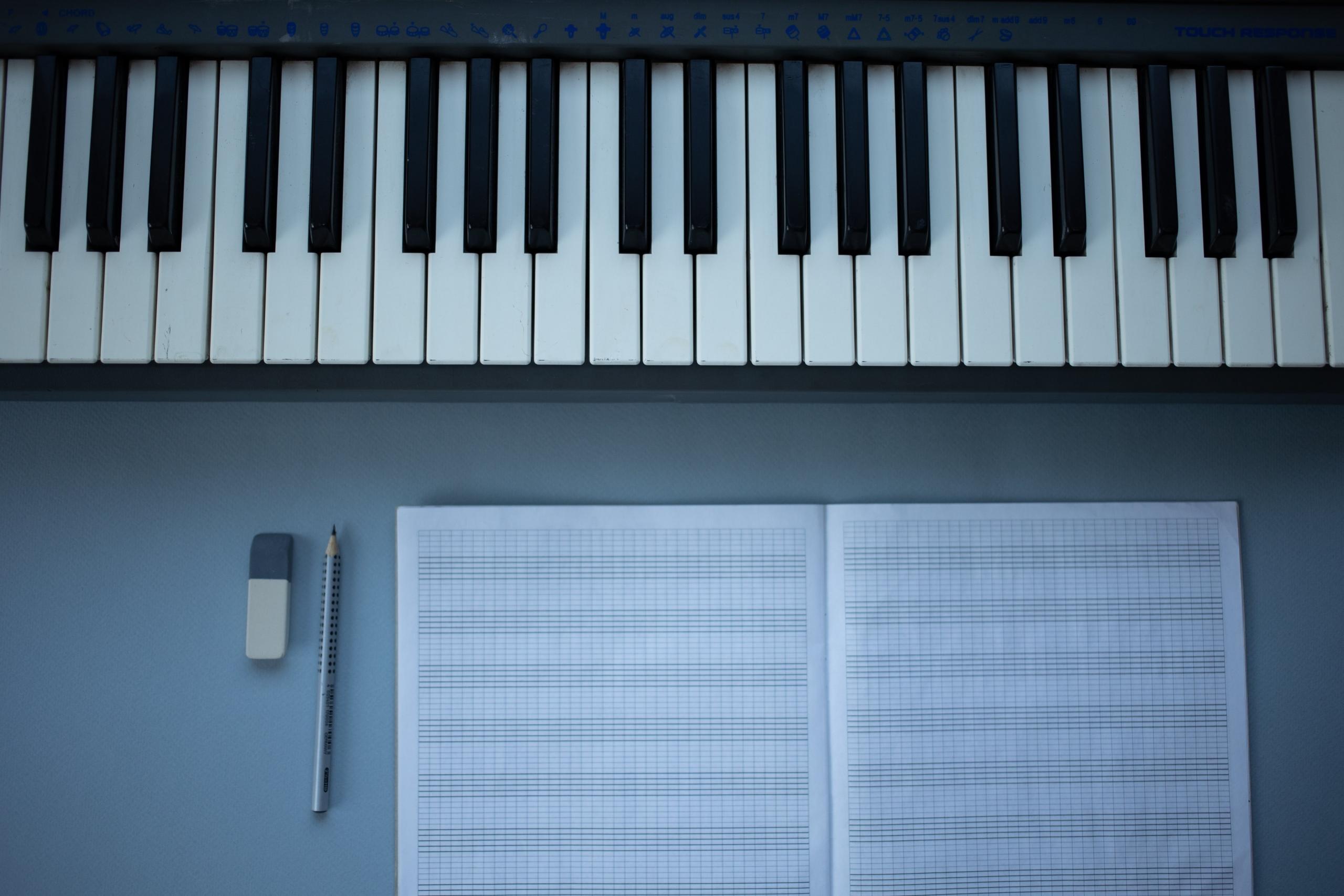 Een elektronisch keyboard met een leeg notenblad en een potlood ernaast.