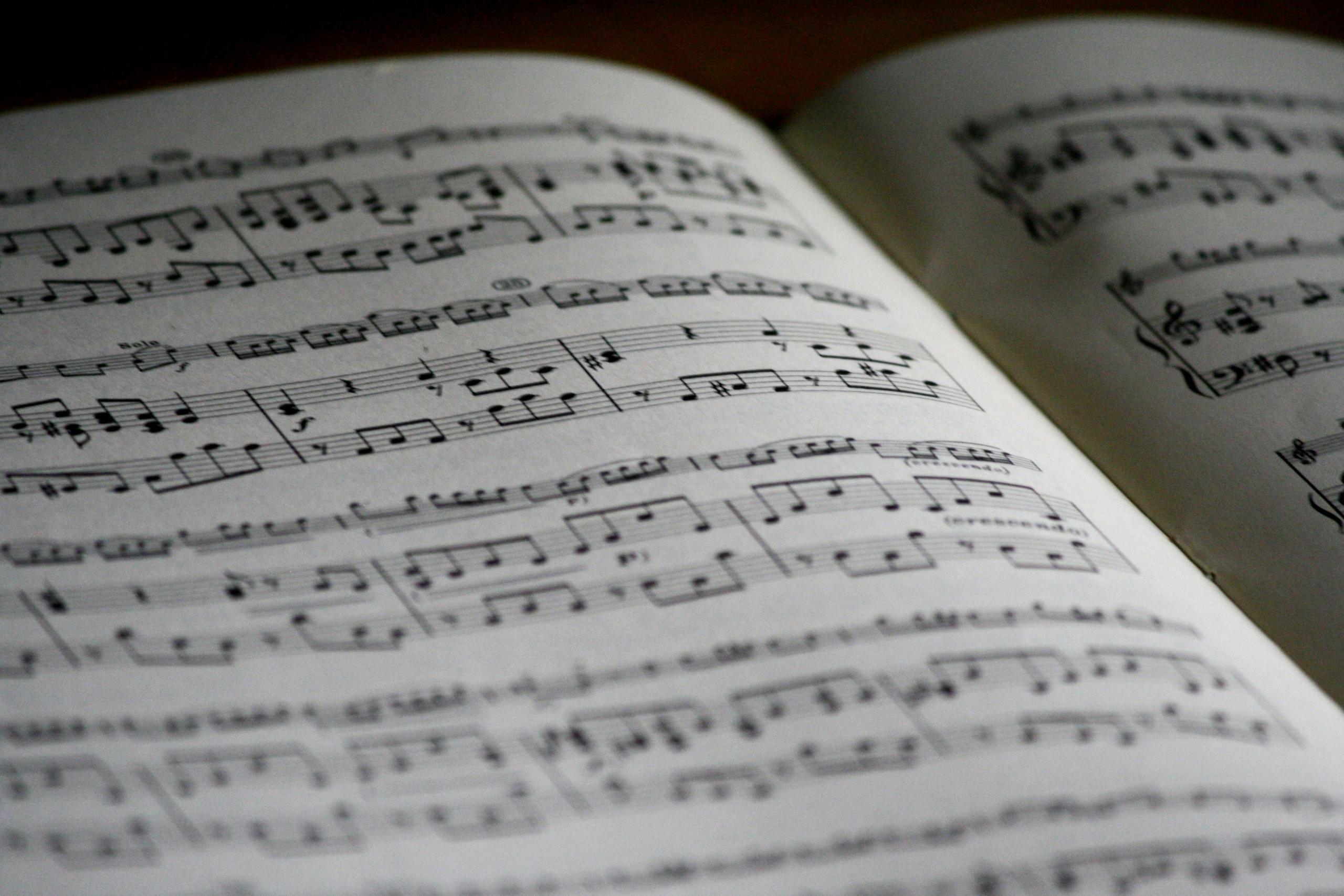 Open boek met bladmuziek, scherp gefocust op de notenbalken.