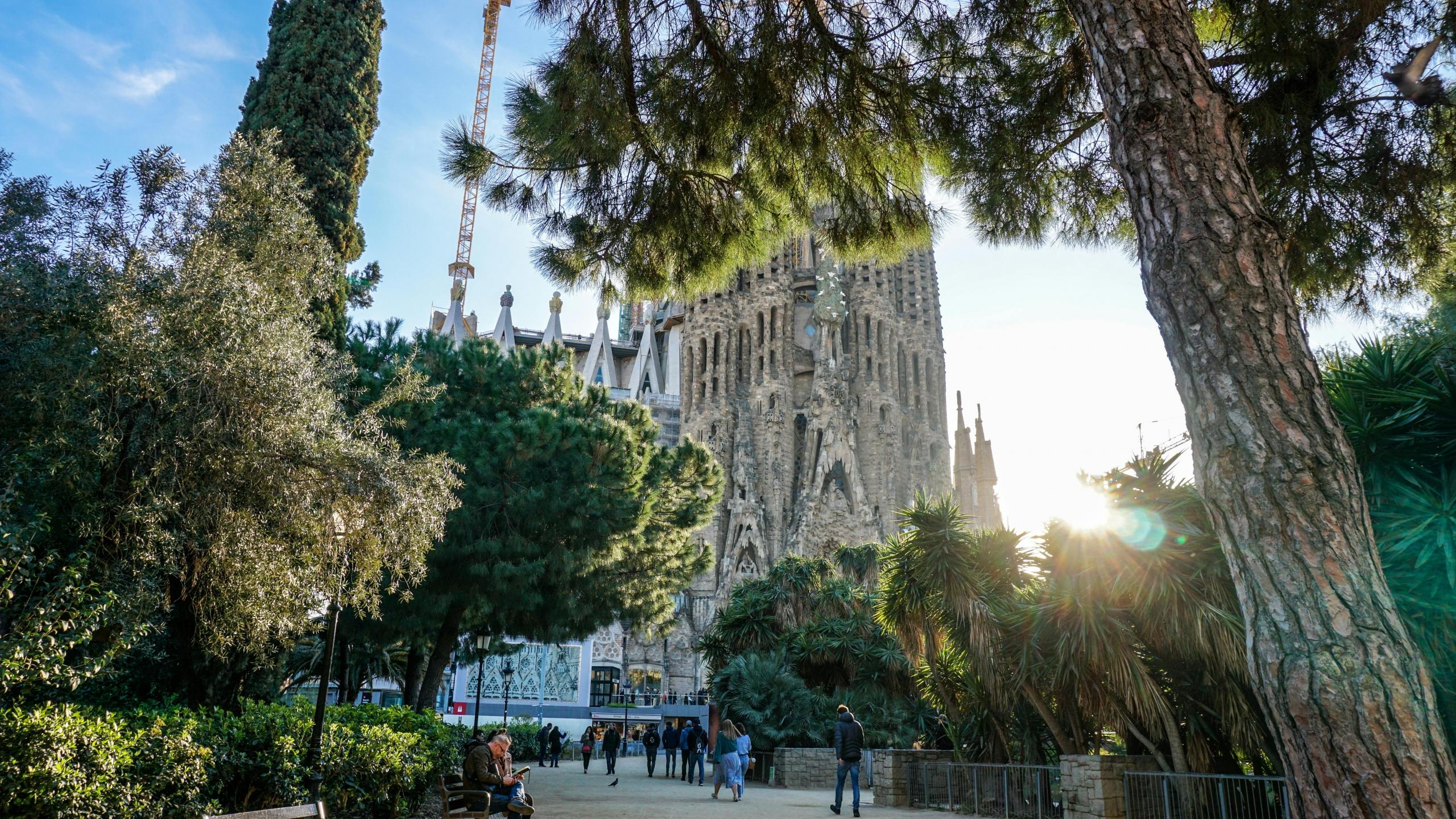 Een uitzicht op de beroemde Sagrada Familia in Barcelona, omgeven door bomen, met mensen die voorbij lopen en de zon die door de bladeren schijnt.