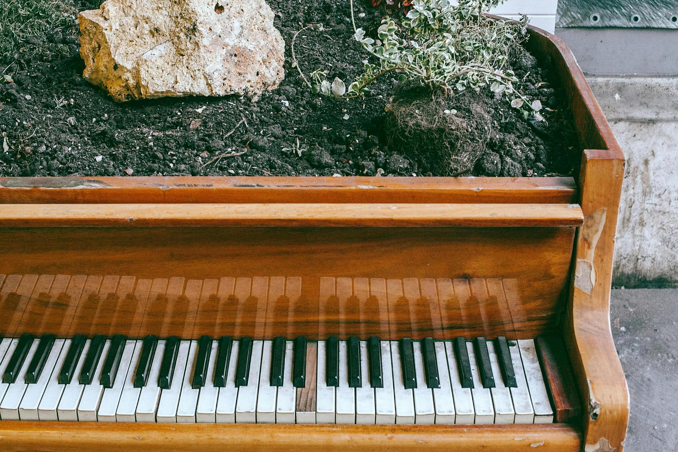 Piano op straat met een tuin er bovenop.