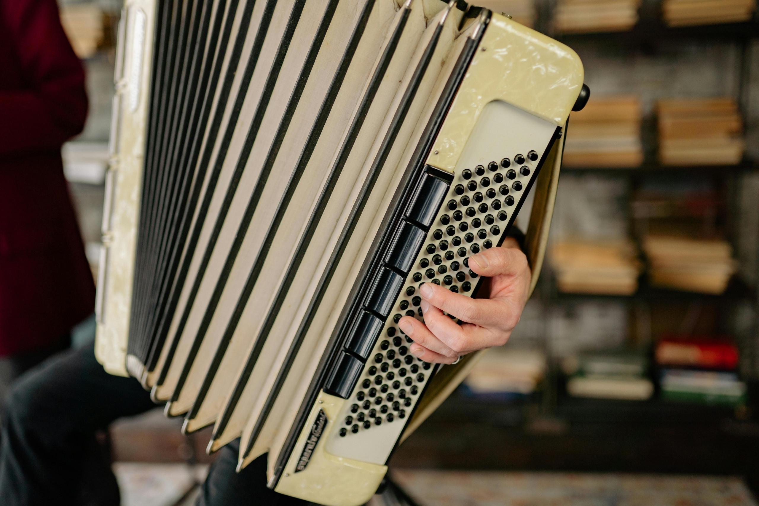Een close-up van een accordeon die wordt bespeeld; alleen de handen van de persoon en een deel van het instrument zijn zichtbaar, tegen een achtergrond van boeken.